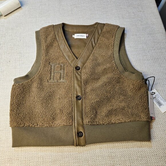 Honor The Gift Olive Brown Sherpa Vest XL With Button Front Embroidered H Logo - Picture 3 of 14